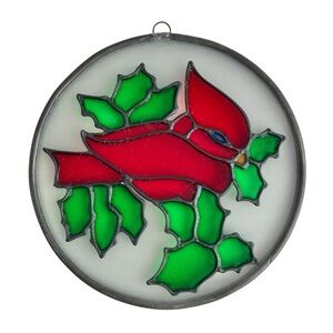 Vintage Cardinal Holly Stain Glass Suncatcher Window Hanging 5”